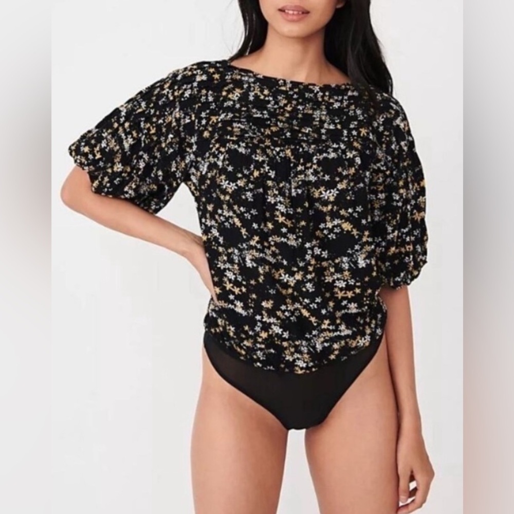 Free People Dessa Floral Bodysuit Black S